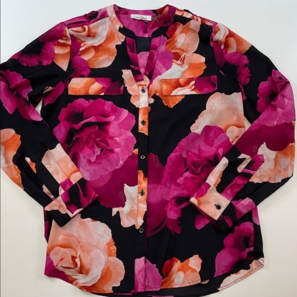 Calvin Klein Floral Print Blouse Black Pink Orange Long Sleeve Women’s Sz L